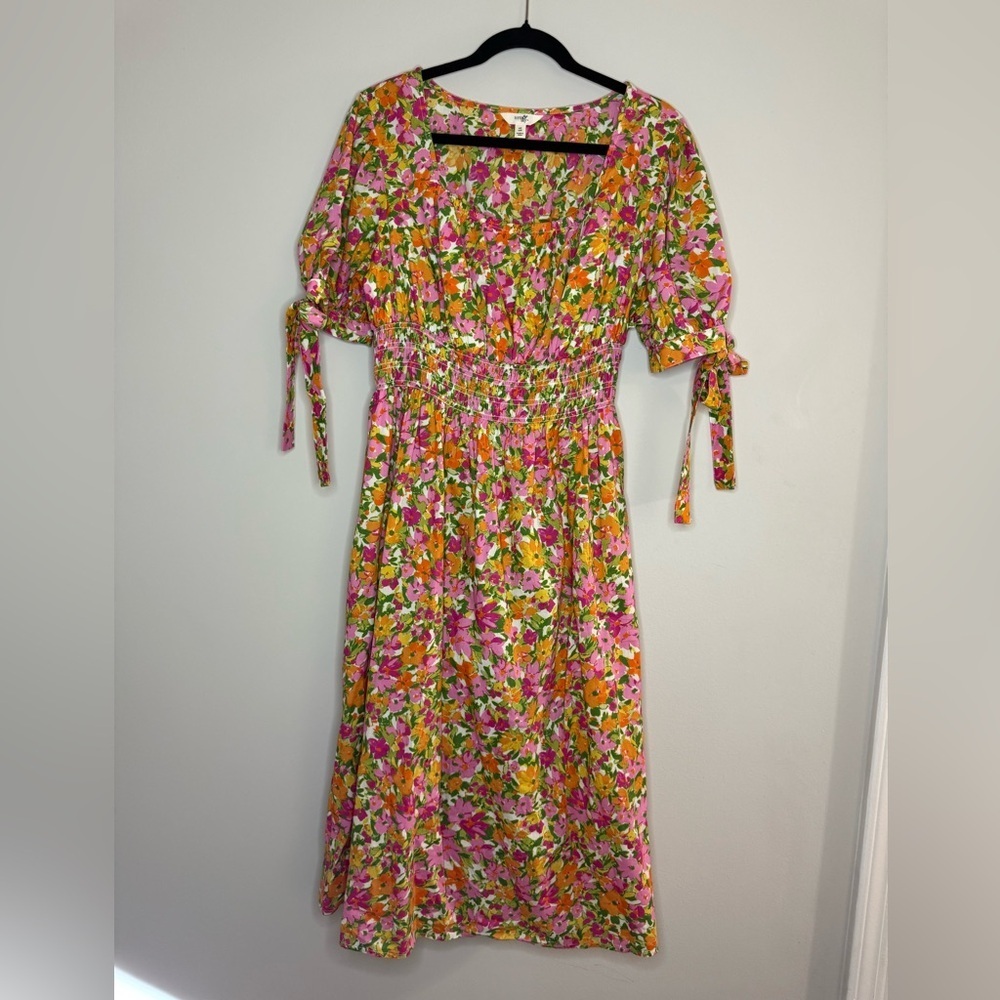 Terra & Sky Bright Floral Midi Dress Puff Sleeve Tie Detail Pink OrangeGreenBoho